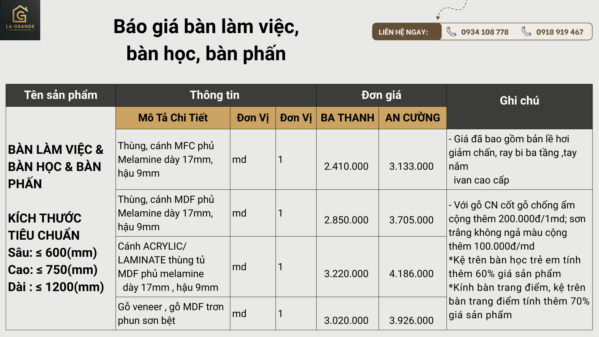 Báo giá bàn làm việc, bàn học, bàn phấn